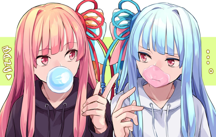 ... 2girls black_hoodie blue_hair blue_ribbon bubble_blowing chewing_gum closed_mouth english_text eye_contact food food_on_face furrowed_brow green_background hair_ribbon hand_up hood hood_down hoodie kotonoha_akane kotonoha_aoi long_hair long_sleeves looking_at_another looking_to_the_side multiple_girls pink_hair red_eyes red_ribbon ribbon side-by-side sidelocks toromera two-tone_background upper_body voiceroid white_background white_hoodie
