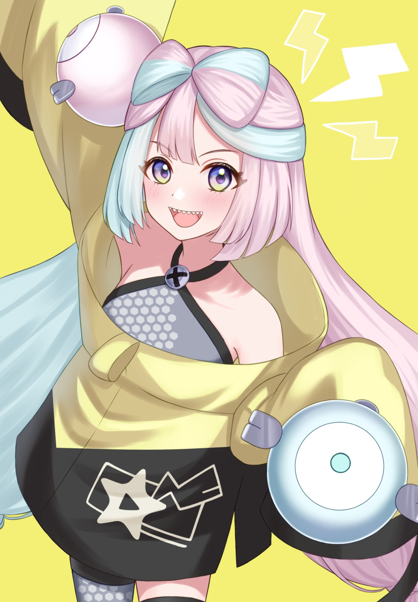 1girl :d arm_up blush bow-shaped_hair eyelashes green_hair grey_shirt highres iono_(pokemon) jacket lightning_bolt_symbol long_hair moo-san_(creamgameart) multicolored_hair open_mouth pink_hair pokemon pokemon_(game) pokemon_sv sharp_teeth shirt sleeveless sleeveless_shirt sleeves_past_fingers sleeves_past_wrists smile solo star_(symbol) star_print teeth tongue twintails two-tone_hair upper_teeth_only violet_eyes yellow_background yellow_jacket