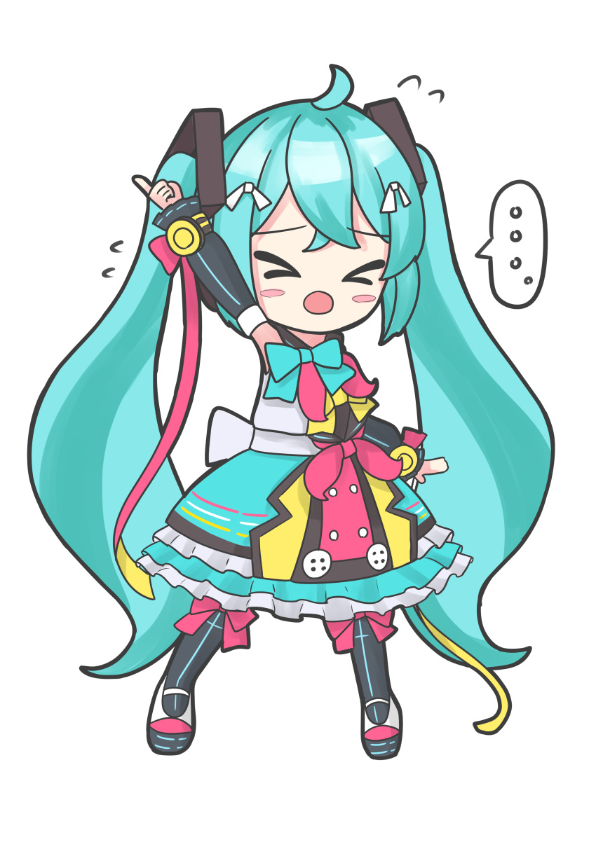 &gt;_&lt; ... 1girl absurdres ahoge aqua_bow aqua_hair aqua_skirt arm_up black_sleeves blush_stickers bow chibi detached_sleeves flying_sweatdrops full_body greenlights_serenade_(vocaloid) hair_ornament hair_ribbon hatsune_miku hatsune_miku_x_kodo highres hoop_skirt ikraaa_204 magical_mirai_(vocaloid) magical_mirai_miku magical_mirai_miku_(2018) mute open_mouth outstretched_arm pink_bow pink_ribbon pointing ribbon skirt solo speech_bubble spoken_ellipsis twintails vocaloid white_background white_ribbon wrist_ribbon yellow_bow yellow_ribbon