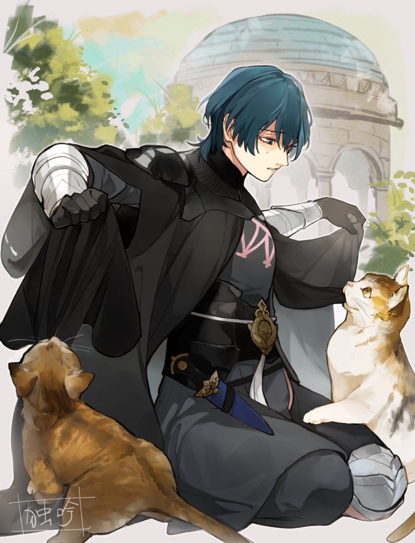 1boy absurdres animal armor black_armor black_cape black_gloves blue_hair byleth_(fire_emblem) byleth_(male)_(fire_emblem) cape cat commentary_request doku_gin1126 eye_contact fire_emblem fire_emblem:_three_houses gauntlets gloves hair_between_eyes highres knife looking_at_another male_focus sheath sheathed short_hair sitting sweatdrop violet_eyes weapon