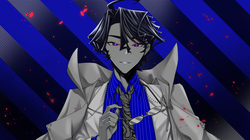 absurdres ahoge black_background black_hair blue_eyes blue_shirt coat coat_on_shoulders collared_shirt fate/grand_order fate_(series) formal glasses hair_between_eyes highres holding holding_eyewear looking_at_viewer male_focus necktie shirt short_hair smile solo striped striped_background striped_shirt suit two-tone_background upper_body waonwaon2121 white_suit yoshida_shouin_(fate)