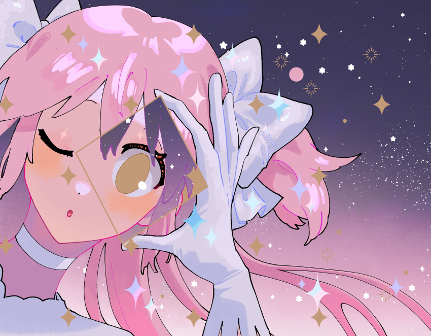 ;o absurdly_long_hair bow choker cropped_jacket diamond_(shape) english_commentary eyelashes gloves goddess_madoka highres holding jacket kaname_madoka long_hair low_neckline mahou_shoujo_madoka_magica one_eye_closed open_mouth pink_hair sidelocks space sparkle star_(sky) swept_bangs twintails two_side_up upper_body very_long_hair white_bow white_choker white_gloves white_jacket yellow_eyes yooki_(winter_cakes)