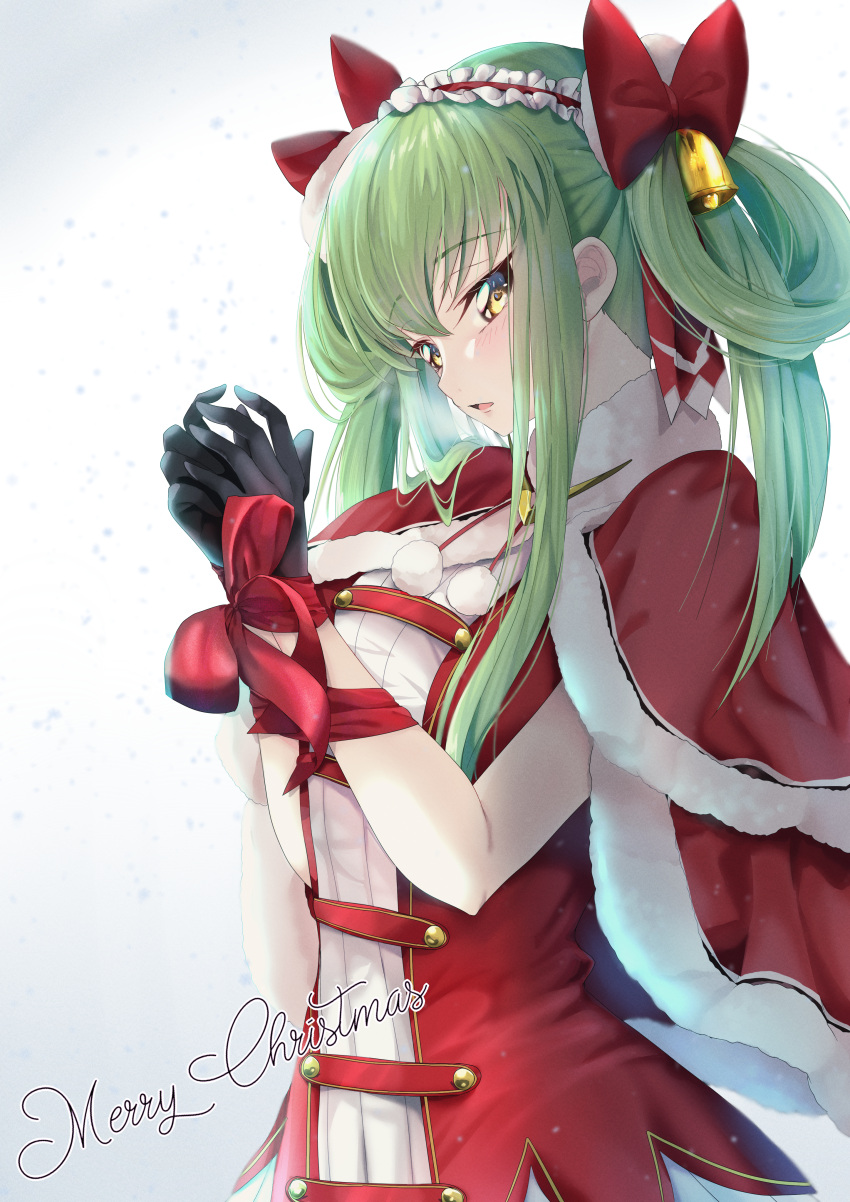 1girl absurdres alternate_costume alternate_hairstyle bell black_gloves bound bound_wrists bow budgiepon c.c. capelet christmas code_geass cowboy_shot dress eyelashes frilled_hairband frills from_side fur-trimmed_capelet fur_trim gloves green_hair hair_bell hair_between_eyes hair_bobbles hair_bow hair_ornament hairband hands_up highres long_hair looking_at_viewer merry_christmas nose open_mouth own_hands_together pom_pom_(clothes) red_bow red_hairband santa_capelet santa_dress simple_background snowing solo straight_hair very_long_hair white_background yellow_eyes