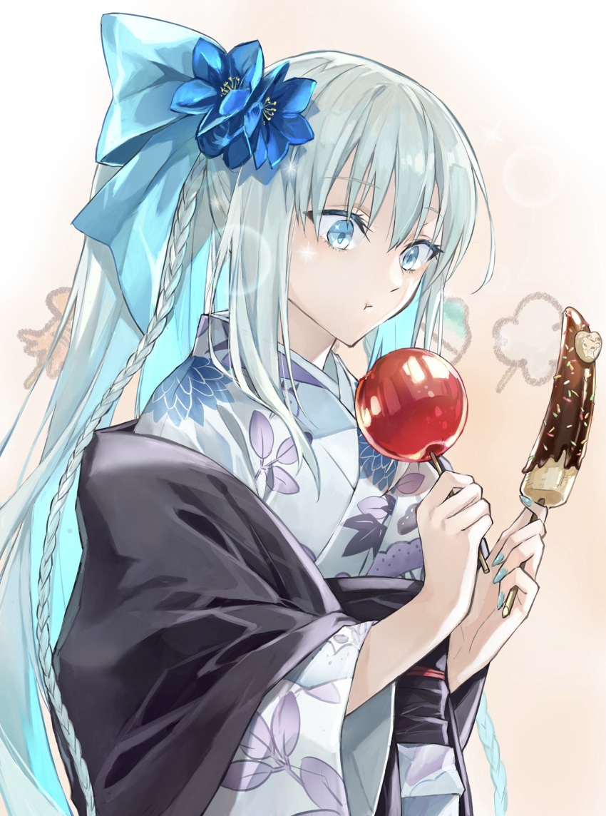 1girl alternate_costume alternate_hairstyle blue_bow blue_eyes blue_flower blue_kimono blue_nails bow braid candy_apple chocolate_banana closed_mouth commentary_request eating fate/grand_order fate_(series) fingernails flower food grey_hair hair_bow hair_flower hair_ornament highres holding holding_food japanese_clothes kimono kino_kokko long_hair morgan_le_fay_(fate) obi ponytail sash sidelocks solo very_long_hair wide_sleeves