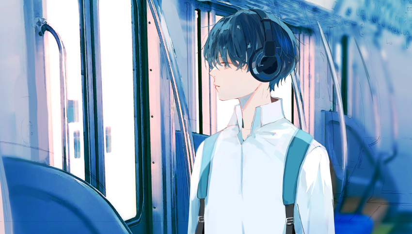 1boy absurdres blue_eyes blue_hair blue_theme blurry blurry_background closed_mouth collared_shirt commentary hagimorijia headphones highres long_sleeves male_focus original shirt short_hair solo strap symbol-only_commentary white_shirt