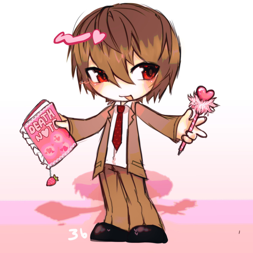1boy black_footwear brown_hair brown_jacket brown_pants chibi collared_shirt commentary death_note english_commentary hair_between_eyes heart heart_print highres holding holding_notebook holding_pen jacket male_focus necktie no_nose notebook open_clothes open_jacket open_mouth pants pen red_eyes red_necktie shirt short_hair sketch smile solo starbuckscup386 white_shirt yagami_light