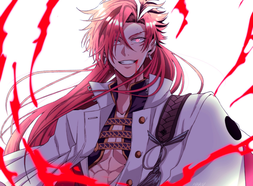 1boy blood blood_from_mouth earrings eyebrow_cut fate/grand_order fate_(series) hair_over_one_eye highres hk_side2 jacket jewelry long_hair looking_at_viewer male_focus multicolored_hair nagatekkou pectoral_cleavage pectorals red_eyes redhead simple_background smile solo streaked_hair takasugi_shinsaku_(fate) underpec upper_body white_background white_hair white_jacket