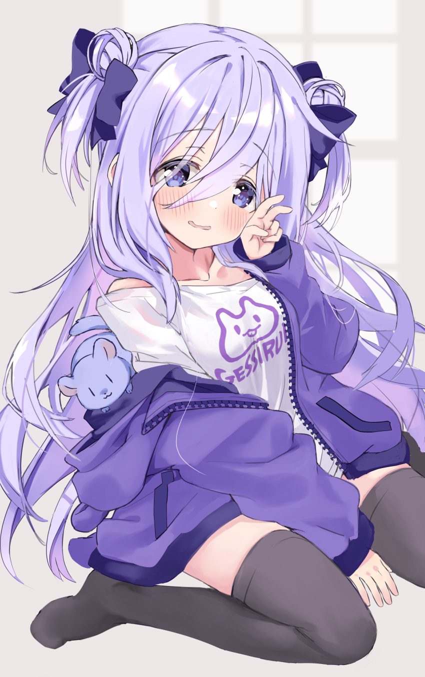 1girl absurdres amamiya_shizuku_(hizuki_yayoi) animal animal_ears animal_hood bare_shoulders blue_bow blue_eyes blue_hair blue_jacket blush bow chinchilla_(animal) collarbone commentary_request double_bun fake_animal_ears grey_thighhighs hair_between_eyes hair_bow hair_bun hand_up highres hizuki_yayoi hood hood_down hooded_jacket jacket long_hair long_sleeves looking_at_viewer no_shoes off_shoulder original parted_lips puffy_long_sleeves puffy_sleeves shirt sitting sleeves_past_wrists solo thigh-highs two_side_up v very_long_hair wariza wavy_mouth white_shirt window