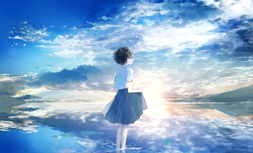1girl absurdres black_hair blue_skirt blue_theme clothes_lift clouds cloudy_sky collared_shirt cowboy_shot dawn from_behind hagimorijia highres light_particles ocean open_mouth original pleated_skirt shirt short_hair short_sleeves skirt skirt_lift sky solo standing wading white_shirt