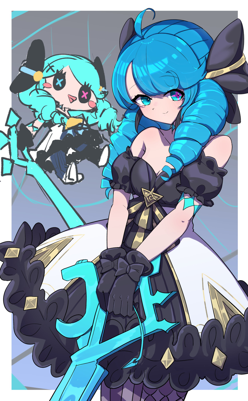 1girl :d absurdres ahoge bare_shoulders black_bow black_gloves black_sleeves blue_hair blush_stickers bow breasts character_doll closed_mouth collarbone cowboy_shot detached_sleeves dress drill_hair gloves grey_dress gwen_(league_of_legends) hair_bow highres holding holding_scissors league_of_legends long_hair looking_at_viewer monakan_japan oversized_object pantyhose scissors smile solo standing swept_bangs twin_drills twintails