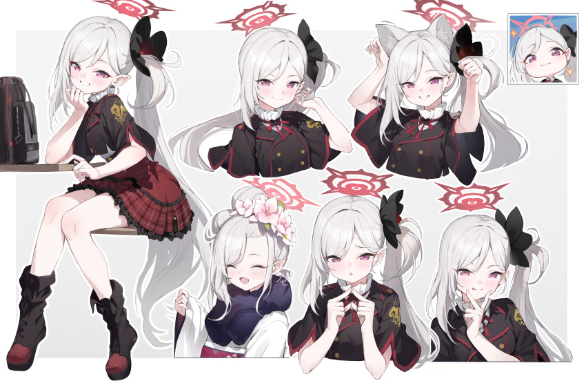 1girl :o absurdres animal_ear_fluff animal_ears black_footwear black_jacket blue_archive boots buttons cat_ears chibi chibi_inset closed_mouth commentary cropped_jacket double-breasted full_body grey_background grey_hair grin hagi_(ame_hagi) hair_ornament hair_scrunchie halo highres jacket japanese_clothes kemonomimi_mode kimono long_hair long_sleeves looking_at_viewer multiple_views mutsuki_(blue_archive) mutsuki_(new_year)_(blue_archive) neck_ribbon obi open_mouth outside_border paw_pose pink_eyes plaid plaid_skirt pleated_skirt pointy_ears red_ribbon red_skirt ribbon sash scrunchie shirt side_ponytail sitting skirt smile sparkle tongue tongue_out very_long_hair white_kimono white_shirt wide_sleeves