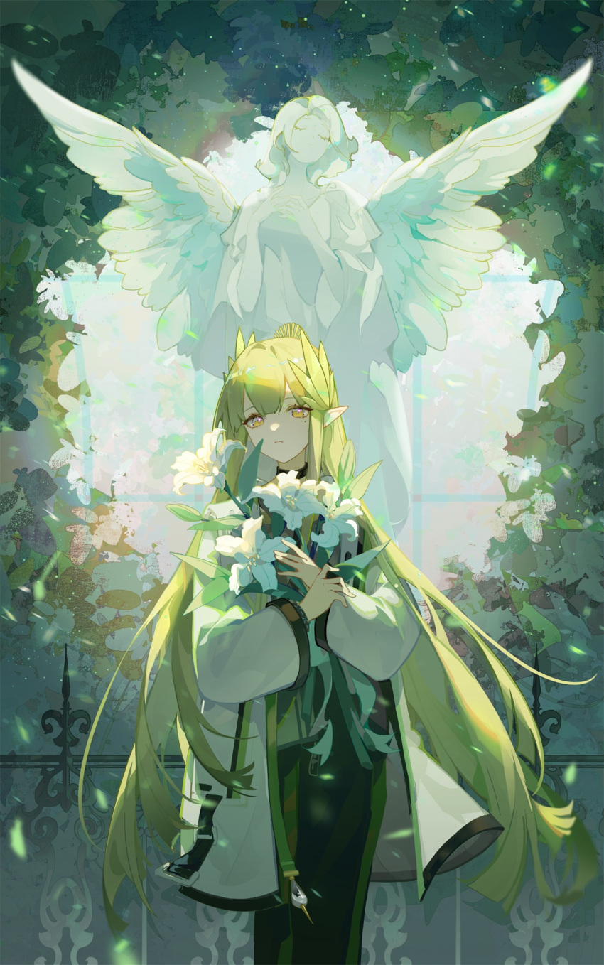 1girl arknights backlighting black_skirt bouquet brown_eyes closed_mouth feet_out_of_frame flower green_hair grey_jacket highres holding holding_bouquet holding_flower indai_(3330425) jacket long_hair long_sleeves looking_at_viewer mole mole_under_eye muelsyse_(arknights) open_clothes open_jacket pointy_ears skirt solo standing statue very_long_hair white_flower