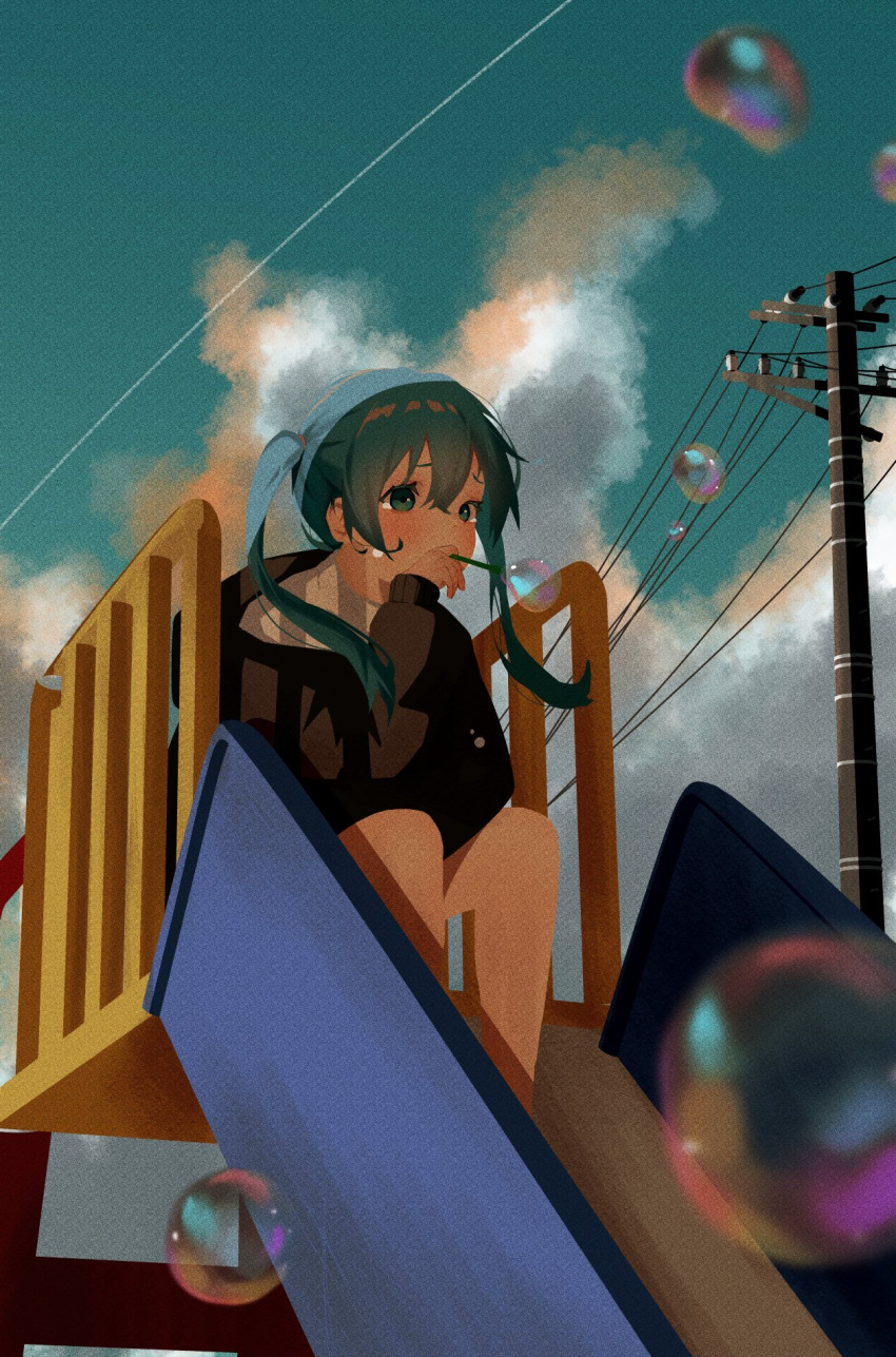 1girl aqua_eyes aqua_hair black_hoodie blurry blurry_foreground bubble_blowing bubble_pipe clouds contrail crying crying_with_eyes_open film_grain furrowed_brow hatsune_miku highres hood hoodie long_hair noranucoo outdoors power_lines sad sitting slide soap_bubbles solo tears twintails utility_pole vocaloid