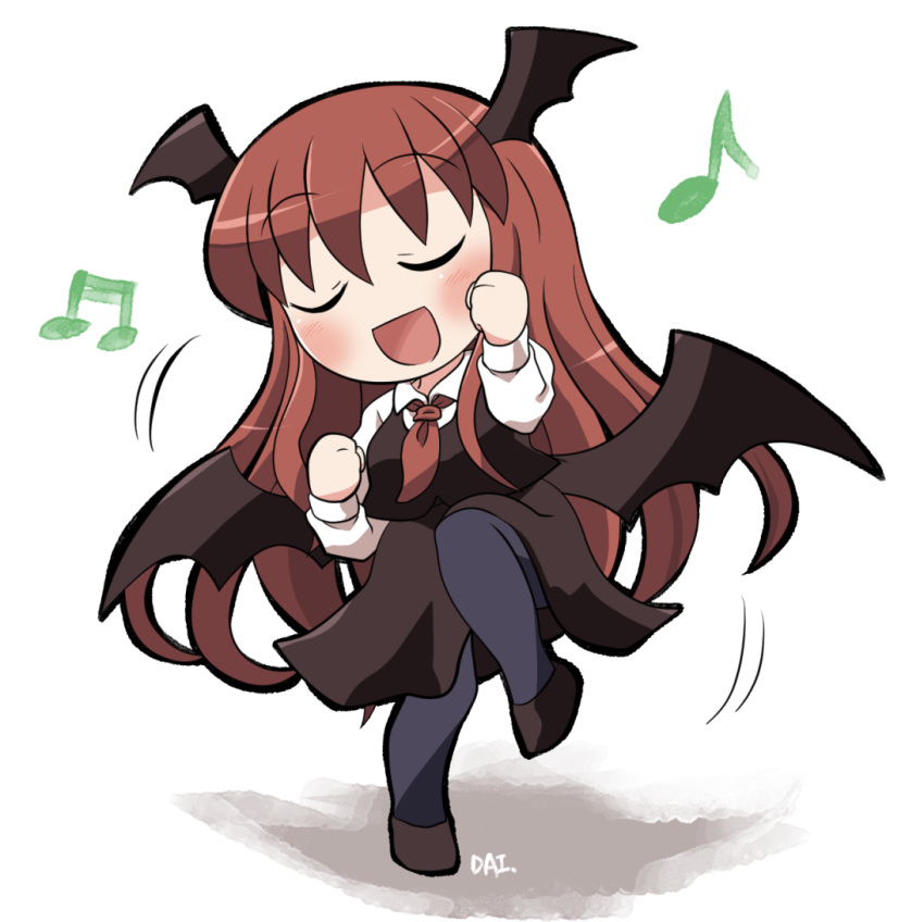 1girl :d bat_wings beamed_sixteenth_notes black_footwear black_pantyhose black_skirt black_vest black_wings blush chibi clenched_hands closed_eyes collared_shirt commentary_request dancing dress_shirt eighth_note head_wings koakuma long_hair long_sleeves musical_note necktie no_nose pantyhose red_necktie redhead rokugou_daisuke shirt sidelocks skirt smile solo standing standing_on_one_leg touhou u_u very_long_hair vest white_shirt wings