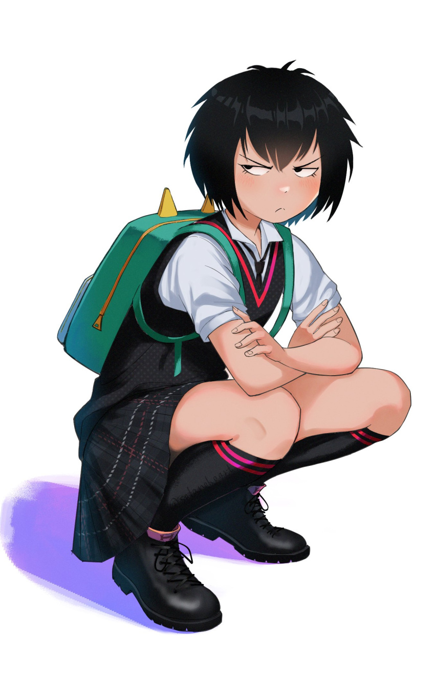1girl angry backpack bag black_eyes black_footwear black_hair black_necktie black_skirt black_socks black_sweater_vest blush closed_mouth commentary crossed_arms dress_shirt english_commentary frown full_body glaring green_bag highres kneehighs loafers looking_at_viewer looking_to_the_side marvel narrowed_eyes necktie peni_parker plaid plaid_skirt pleated_skirt school_uniform shadow shirt shoes short_hair short_sleeves simple_background skirt socks solanokoart solo spider-man:_into_the_spider-verse spider-man_(series) squatting sweater_vest v-shaped_eyes white_background white_shirt