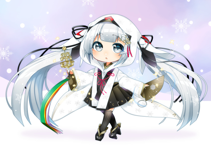 1girl absurdres bell blush chibi commentary folding_fan full_body geta grey_eyes grey_hair hair_ornament hair_ribbon hand_fan hatsune_miku highres holding holding_fan holding_instrument hood instrument japanese_clothes jingle_bell kagura_suzu long_hair long_sleeves looking_to_the_side masumofu musical_note musical_note_hair_ornament open_mouth pleated_skirt ribbon skirt sleeves_past_wrists snow snowflakes snowing solo thigh-highs twintails very_long_hair vocaloid wide_sleeves yuki_miku yuki_miku_(2018)