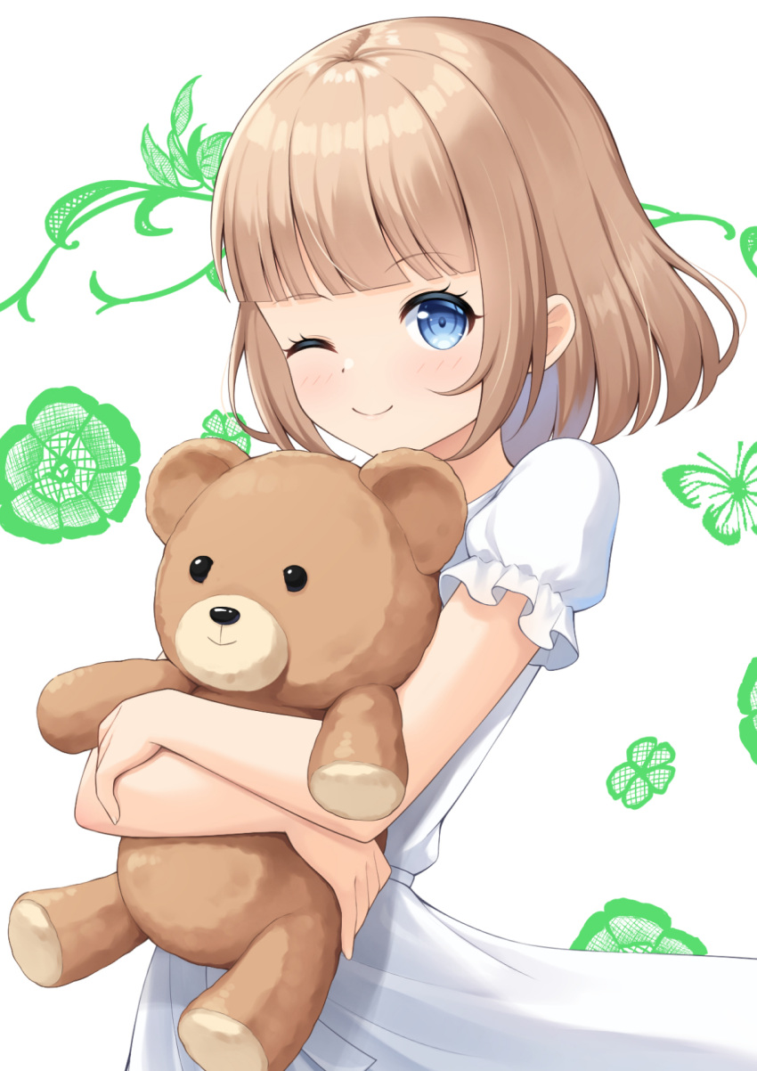 1girl 7fuji_06 blue_eyes blunt_bangs blush brown_hair bug butterfly dress flower highres holding holding_stuffed_toy looking_at_viewer one_eye_closed original short_hair short_sleeves smile solo stuffed_animal stuffed_toy teddy_bear upper_body
