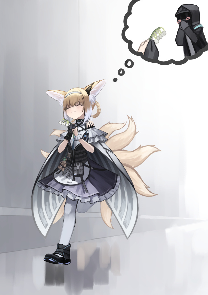 1girl 1other absurdres animal_ears arknights bare_shoulders black_coat black_dress black_footwear black_gloves blonde_hair blue_hairband blush closed_eyes closed_mouth coat corset doctor_(arknights) dress flower fox_ears fox_girl fox_tail frilled_dress frills full_body gloves hairband highres holding holding_flower hood hood_up hooded_coat kimsuwan2013 lily_of_the_valley mask multicolored_hair oripathy_lesion_(arknights) pantyhose running short_hair single_glove smile suzuran_(arknights) tail thought_bubble two-tone_hair white_flower white_hair white_pantyhose wrist_cuffs