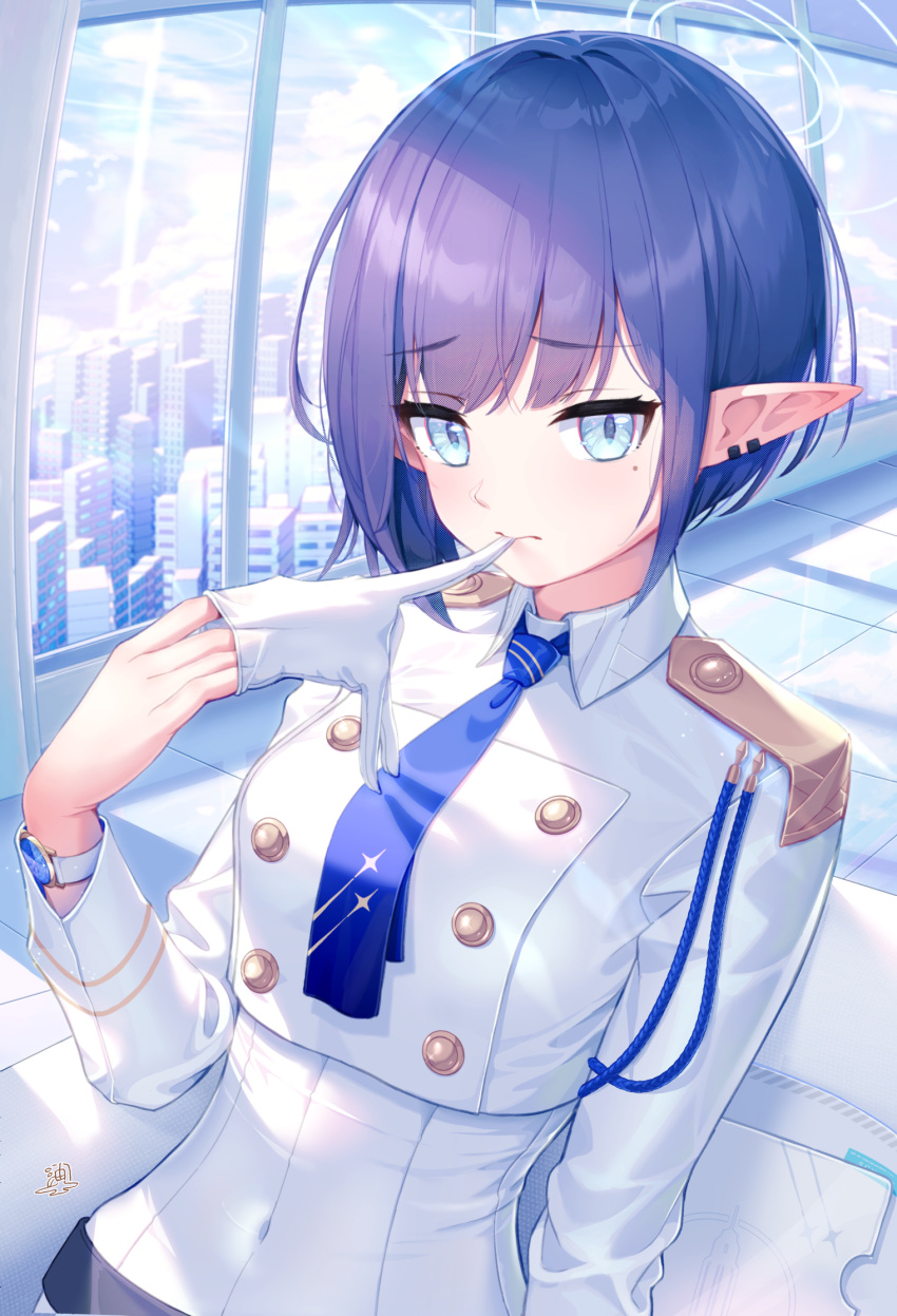 1girl aoi_(blue_archive) blue_archive blue_eyes blue_hair blue_necktie building city commentary_request covered_navel glove_in_mouth gloves halo highres indoors kep_(ahokep) long_sleeves looking_back mole mole_under_eye mouth_hold necktie pointy_ears short_hair upper_body white_gloves white_uniform window