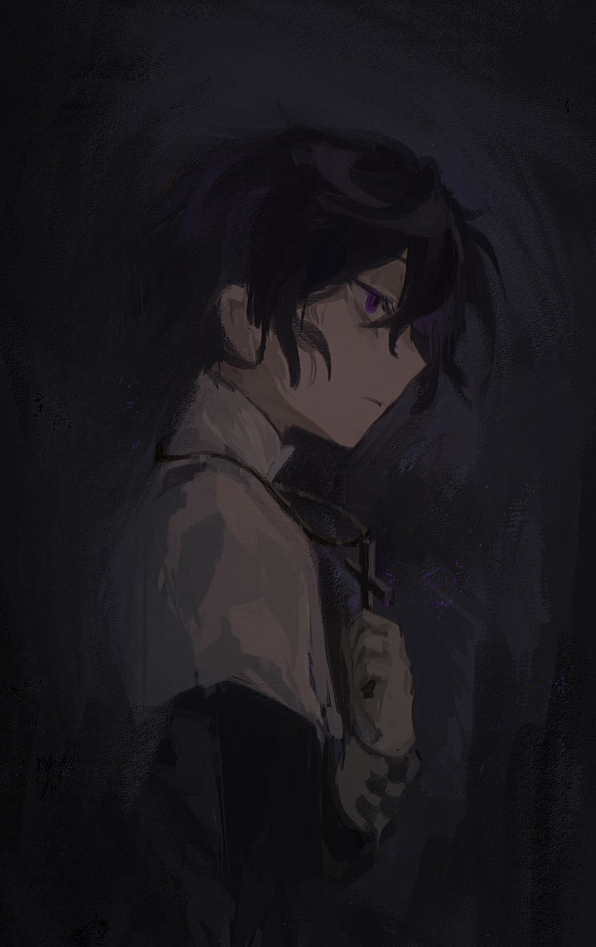 1boy black_hair black_shirt capelet closed_mouth cross cross_necklace cursenday's_dark_carnival from_side gloves high_collar highres holding jewelry long_sleeves male_focus martin_kang necklace priest shirt short_hair solo tatsujin_show violet_eyes white_capelet white_gloves