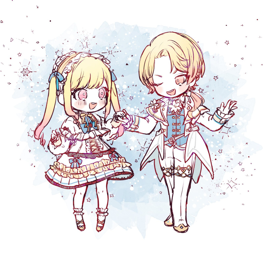 1boy 1girl :d alternate_hairstyle blonde_hair blue_bow blue_vest blush boots bow bright_pupils brother_and_sister buckle chibi coat commentary cross-laced_clothes cross-laced_dress dress flower frilled_dress frills gloves hair_bow highres lapels light_blue_background lolita_fashion long_hair long_sleeves looking_at_another looking_to_the_side multicolored_clothes multicolored_dress notched_lapels one_eye_closed open_clothes open_coat open_mouth pants parted_hair pink_eyes pink_footwear pink_hair ponytail poppu_usagi project_sekai puffy_long_sleeves puffy_sleeves ribbon short_hair siblings sideways_glance single_stripe sleeves_past_wrists smile socks sparkle star_(symbol) striped swept_bangs teeth tenma_saki tenma_tsukasa toggles twintails upper_teeth_only vest white_background white_bow white_coat white_dress white_flower white_footwear white_gloves white_pants white_pupils white_socks yellow_ribbon