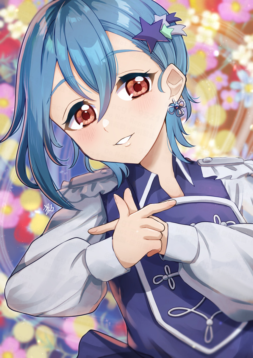 1girl absurdres birthday blue_hair blush commentary earrings floral_background hair_ornament highres jewelry kyaku_tatsu looking_at_viewer love_live! love_live!_superstar!! orange_eyes short_hair signature smile solo star_(symbol) star_hair_ornament upper_body wakana_shiki