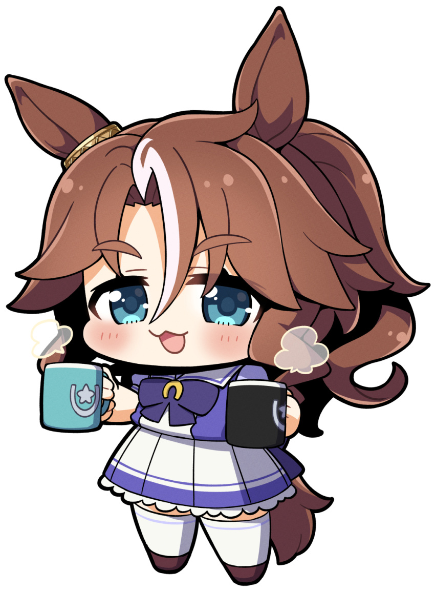 1girl :3 :d animal_ears blue_eyes blush brown_footwear brown_hair commentary_request cup full_body hair_between_eyes highres holding holding_cup horse_ears horse_girl horse_tail long_hair looking_at_viewer mejiro_palmer_(umamusume) mug multicolored_hair parted_bangs pleated_skirt plover puffy_short_sleeves puffy_sleeves purple_shirt shirt shoes short_sleeves simple_background skirt smile solo standing star_(symbol) streaked_hair tail thick_eyebrows thigh-highs umamusume very_long_hair white_background white_hair white_skirt white_thighhighs