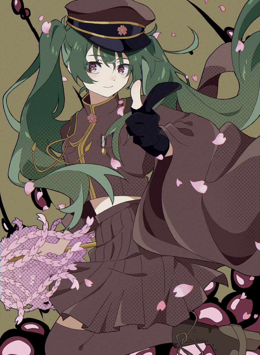 1girl black_gloves cherry_blossoms closed_mouth gloves green_hair hat hatsune_miku highres jacket long_hair looking_at_viewer midriff_peek military_uniform partially_fingerless_gloves peaked_cap pinponpo red_jacket red_skirt senbon-zakura_(vocaloid) skirt smile solo twintails uniform violet_eyes vocaloid wide_sleeves