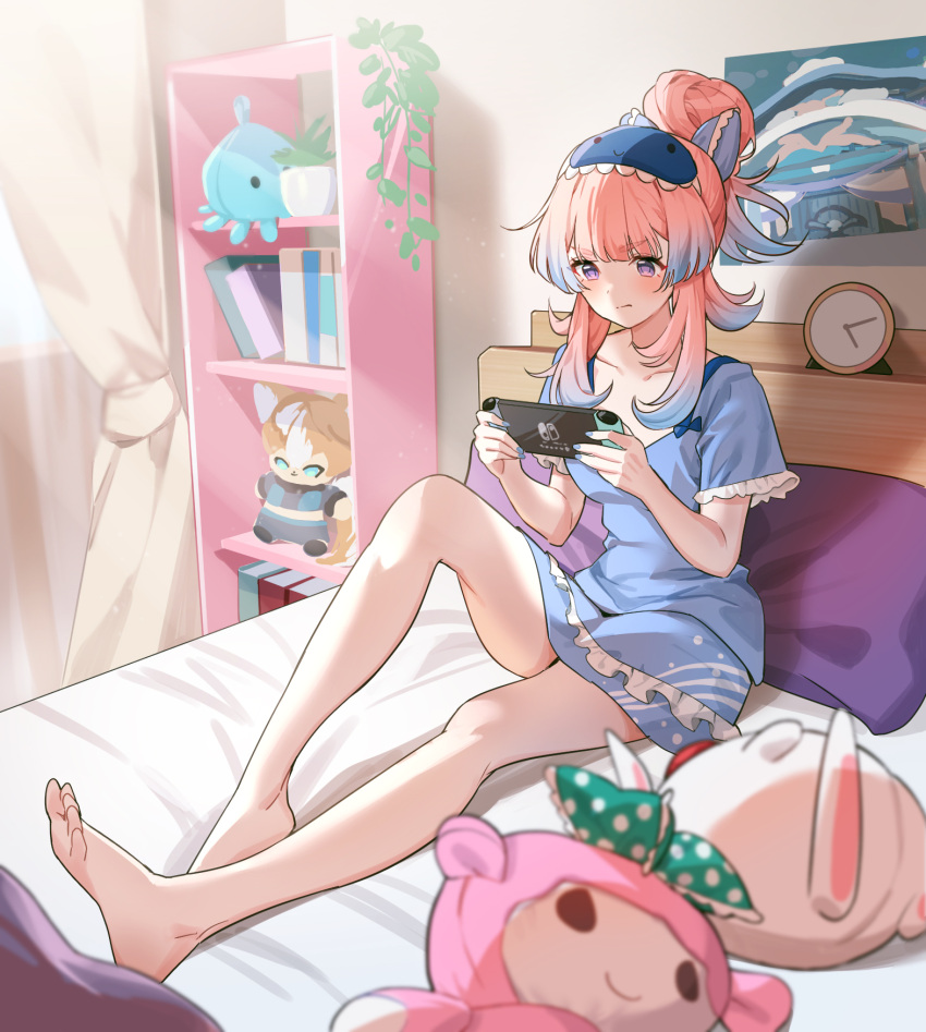 1girl barefoot bed blue_bow blue_shirt blunt_bangs blush book bow character_doll chibi_vanille clock closed_mouth collarbone commentary curtains english_commentary eyelashes feet flower_pot frilled_shirt frilled_sleeves frills full_body genshin_impact gorou_(genshin_impact) hair_bow hair_bun handheld_game_console hands_up highres holding holding_handheld_game_console indoors knee_up light_particles light_rays long_hair mask mask_on_head nintendo_switch on_bed pillow plant poster_(object) potted_plant sangonomiya_kokomi shelf shirt short_sleeves sidelocks single_hair_bun sitting sleep_mask sleepwear solo stuffed_animal stuffed_jellyfish stuffed_toy toes v-shaped_eyebrows violet_eyes window