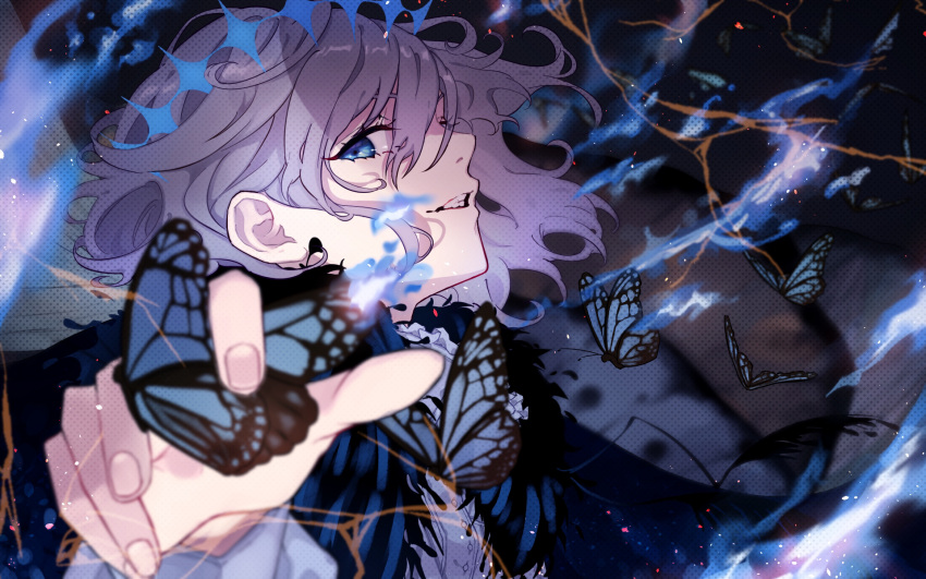 1boy blue_butterfly blue_eyes blurry blurry_background bug butterfly cape collared_shirt crown diamond_hairband fate/grand_order fate_(series) fire fur-trimmed_cape fur_trim grey_hair highres insect_on_finger long_sleeves looking_at_viewer male_focus medium_hair oberon_(fate) oberon_(third_ascension)_(fate) profile shirt smile solo upper_body w10yu1i118yw white_shirt