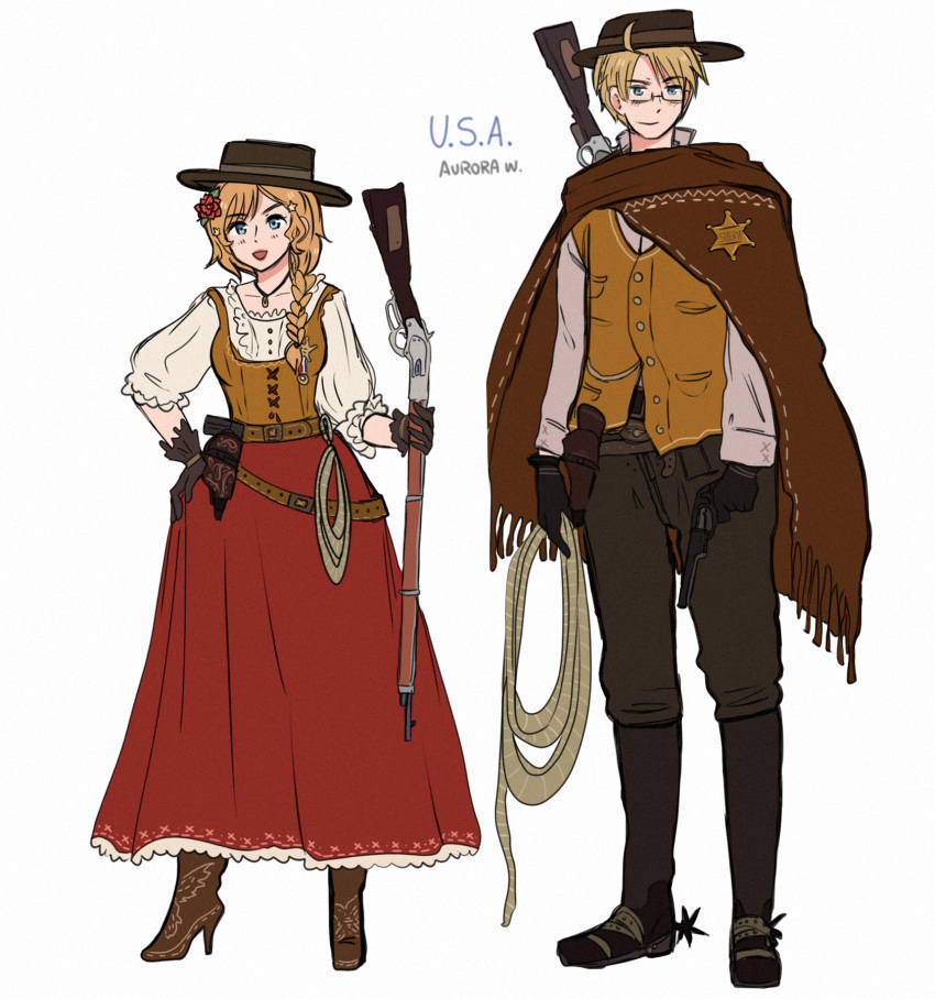 1boy 1girl alternate_costume alternate_hairstyle america_(hetalia) artist_name aurora_williams axis_powers_hetalia badge belt black_gloves blonde_hair blue_eyes boots braid brown_belt brown_gloves brown_headwear brown_shawl buttons character_name collarbone flower frilled_shirt_collar frilled_skirt frilled_sleeves frills full_body genderswap genderswap_(mtf) glasses gloves gun hair_flower hair_ornament hand_on_own_hip handgun height_difference high_heel_boots high_heels highres holding holding_gun holding_rope holding_weapon jewelry long_sleeves looking_at_viewer medium_hair necklace pants police_badge puffy_sleeves red_skirt revolver rope shawl shirt signature simple_background skirt smile star_(symbol) star_hair_ornament united_states vest wavy_hair weapon white_background white_shirt