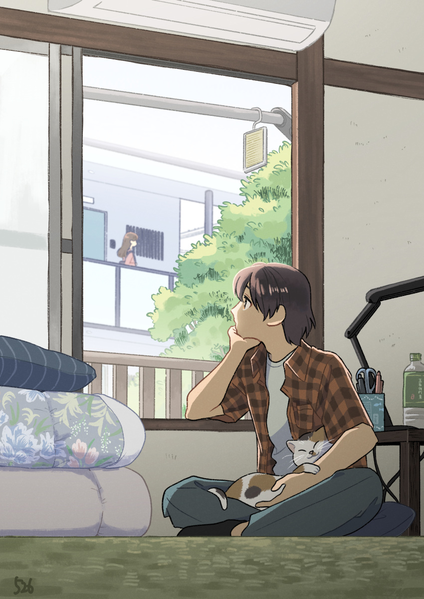 1boy 1girl absurdres air_conditioner animal_on_lap balcony bed blue_pants brown_eyes brown_hair calico carpet cat cat_on_lap collared_shirt crossed_ankles cushion hair_between_eyes hand_on_own_chin head_rest highres indoors kojiro337 looking_at_another on_lap open_clothes open_door open_shirt original pants plaid plaid_shirt railing shirt short_hair short_sleeves sidelocks signature sitting solo_focus table tree white_shirt wooden_table