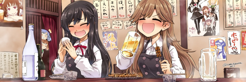 4girls ^_^ alcohol arashio_(kancolle) arashio_kai_ni_(kancolle) asashio_(kancolle) asashio_kai_ni_(kancolle) beer beer_mug black_dress black_hair blue_hair blush bottle brown_hair closed_eyes collared_shirt commission cup dated dress food holding holding_cup holding_skewer indoors kantai_collection long_hair long_sleeves michishio_(kancolle) mug multiple_girls naka_(kancolle) o_o ooshio_(kancolle) open_mouth peeking_out pinafore_dress ribbon second-party_source shirt sign skeb_commission skewer sleeveless sleeveless_dress sweat table takana_shinno twintails twitter_username white_shirt wo-class_aircraft_carrier