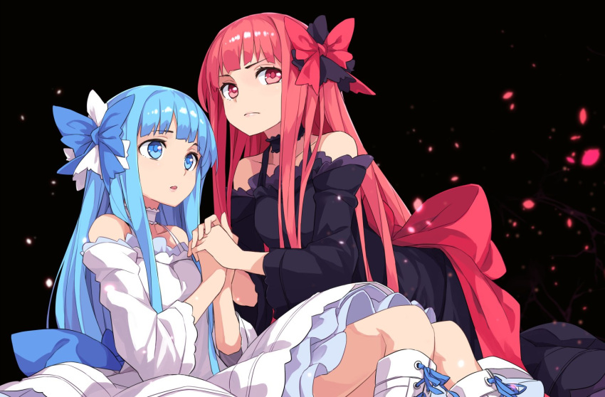 2girls alternate_costume alternate_eye_color back_bow bare_shoulders black_background black_choker black_dress blue_bow blue_eyes blue_hair bow choker closed_mouth commentary_request detached_sleeves dress feet_out_of_frame frilled_choker frilled_dress frills frown hair_bow highres holding_hands kneehighs kneeling kotonoha_akane kotonoha_aoi light_particles long_hair looking_at_another looking_at_viewer multiple_girls open_mouth own_hands_together petals pink_eyes pink_hair red_bow serious siblings sidelocks sisters sitting sleeveless sleeveless_dress socks spaghetti_strap toromera voiceroid white_choker
