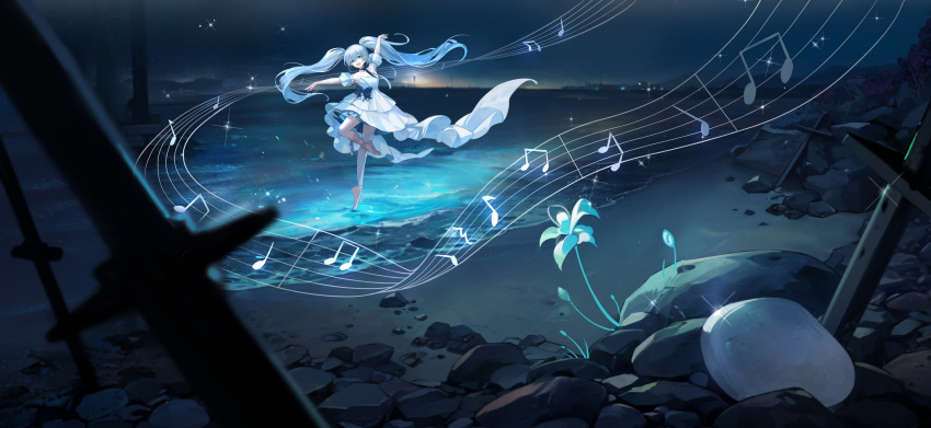 1girl 9chung :d arm_garter arm_up beach beamed_eighth_notes black_bow black_bowtie blue_eyes blue_flower blue_hair bow bowtie chinese_commentary commentary dancing dress dress_bow eighth_note floating_hair flower glint hatsune_miku highres long_hair looking_at_viewer musical_note night ocean off-shoulder_dress off_shoulder open_mouth outdoors pink_footwear pink_ribbon planted planted_sword quarter_note ribbon rock shoes single_thighhigh smile solo sparkle staff_(music) sword thigh-highs twintails vocaloid weapon white_dress white_thighhighs wide_shot