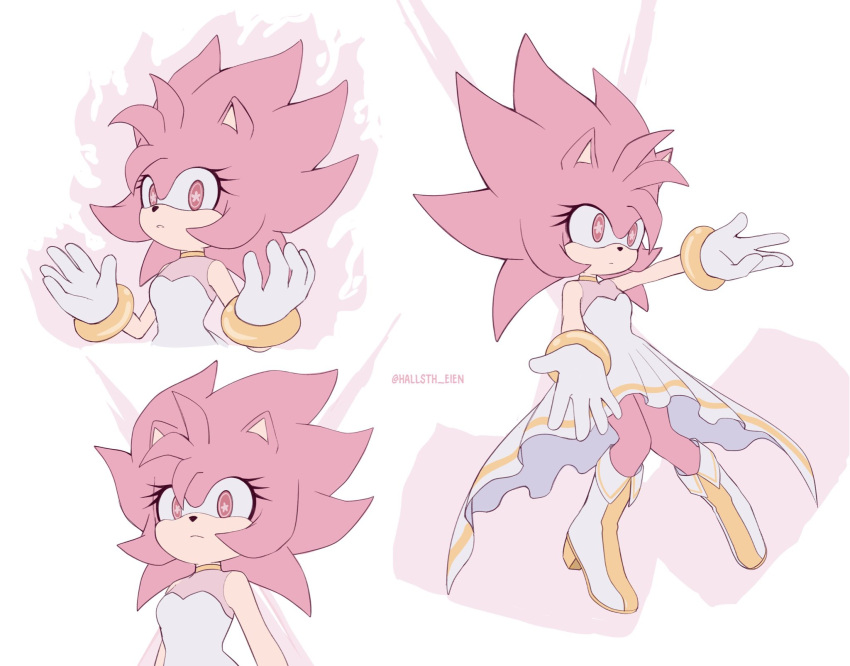 1girl amy_rose artist_name dress gloves gold_choker hallsth-eien highres looking_at_viewer multiple_views pink_eyes simple_background sonic_(series) super_amy_rose watermark white_background white_dress white_gloves