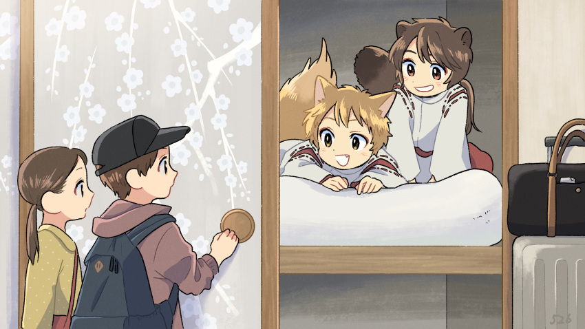 1girl 3boys :d animal_ears backpack bag baseball_cap black_headwear blush brown_eyes brown_hair dot_nose fang fox_boy fox_ears fox_tail grin handbag hat highres hood hood_down hoodie japanese_clothes kojiro337 light_brown_hair long_hair looking_at_another lying miko multiple_boys on_bed on_stomach open_door open_mouth original parted_bangs ponytail raccoon_boy raccoon_ears raccoon_tail red_hoodie shirt short_bangs short_hair sidelocks sliding_doors smile suitcase tail upper_body yellow_shirt