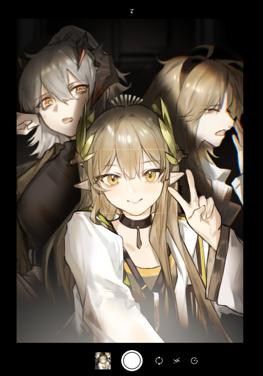 3girls arknights ascot black_border black_choker black_hairband black_shirt blush border brown_hair choker closed_eyes closed_mouth dragon_horns elf hair_ornament hairband highres horns jacket kirsten_(arknights) long_sleeves mole mole_under_eye muelsyse_(arknights) multiple_girls open_clothes open_jacket open_mouth orange_eyes pointy_ears ponytail saria_(arknights) selfie shirt smile upper_body v white_ascot white_jacket yawning yellow_eyes yipingtaopuzi
