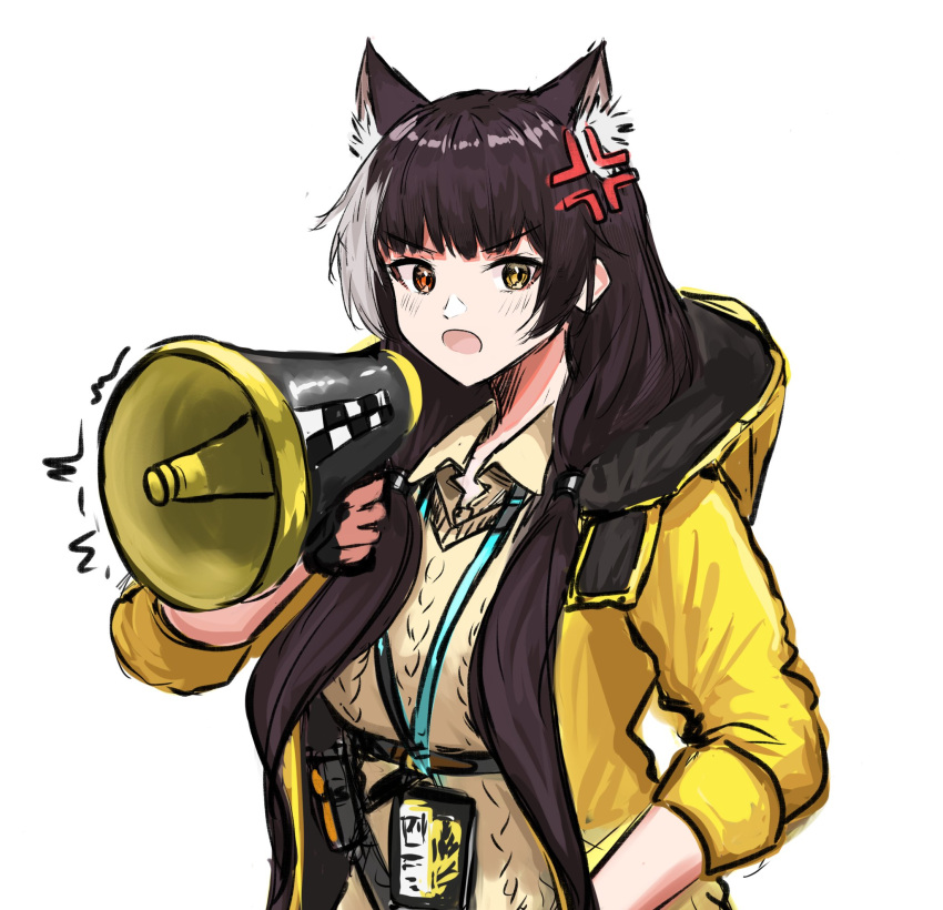 1girl anger_vein animal_ear_fluff animal_ears black_hair blush brown_shirt collared_shirt commentary girls_frontline grey_hair hair_over_shoulder heterochromia highres holding hood hood_down hooded_jacket jacket long_hair long_sleeves looking_at_viewer low_twintails megaphone multicolored_hair open_clothes open_jacket open_mouth red_eyes rennn_(ilobeste) ro635_(girls'_frontline) shirt simple_background solo streaked_hair sweater_vest symbol-only_commentary twintails upper_body v-shaped_eyebrows very_long_hair white_background yellow_eyes yellow_jacket