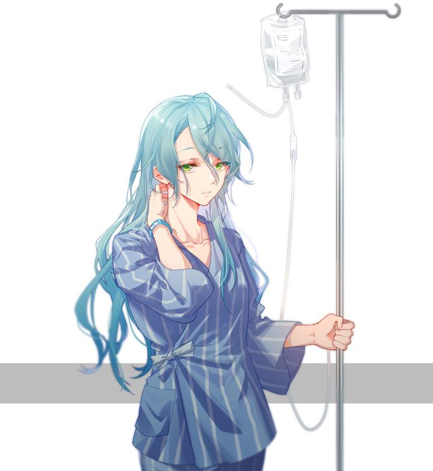 1girl absurdres aqua_hair arm_behind_head bang_dream! blue_bracelet chinese_commentary collarbone commentary_request cowboy_shot green_eyes grey_background hair_between_eyes highres hikawa_sayo hospital_gown intravenous_drip iv_stand long_hair looking_at_viewer parted_bangs parted_lips solo walluka white_background wide_sleeves