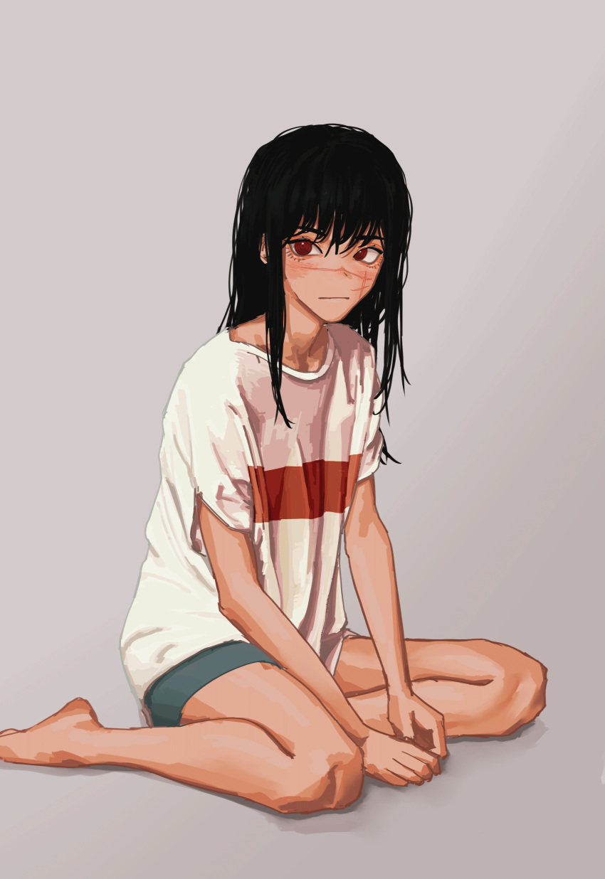 1girl :| absurdres arms_between_legs bare_legs barefoot black_hair chainsaw_man closed_mouth expressionless full_body grey_background grey_shorts hair_between_eyes highres long_hair looking_to_the_side red_eyes ringed_eyes shirt short_shorts shorts simple_background sitting solo t-shirt v_arms white_shirt yokozuwari yoru_(chainsaw_man) zzoo_(zoo)
