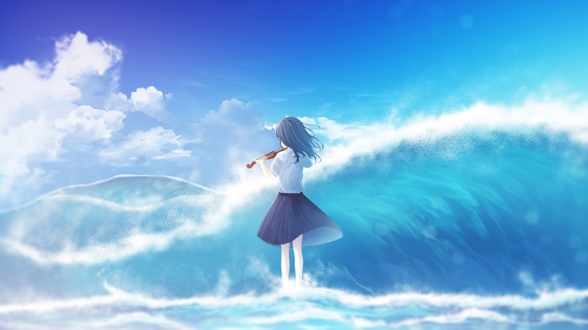1girl absurdres blue_hair blue_skirt blue_sky clouds cloudy_sky facing_away floating_hair from_behind furi0831 highres holding holding_bow_(music) holding_instrument instrument legs_apart lens_flare long_hair long_skirt music ocean original playing_instrument pleated_skirt scenery sea_spray shirt short_sleeves skirt sky soaking_feet solo violin waves white_shirt