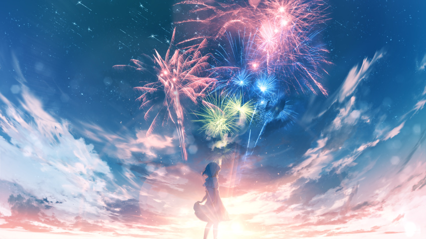 1girl absurdres arm_behind_back blue_hair blue_sky clouds cloudy_sky dress evening facing_away feet_out_of_frame fireworks from_behind furi0831 highres lens_flare original scenery shooting_star short_hair short_sleeves skirt_hold sky solo star_(sky) sundress sunset white_dress wide_shot