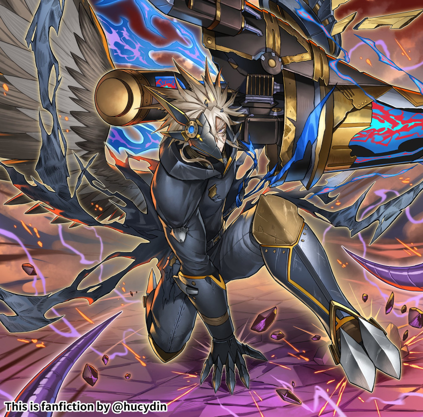 1boy arm_support armor bird_boy black_bodysuit bodysuit claw_(weapon) commentary duel_monster feathered_wings half_mask highres holding holding_weapon hucydin looking_at_viewer male_focus mask on_one_knee plague_doctor_mask single_wing spiky_hair torn_clothes tri-brigade_arms_bucephalus_ii tri-brigade_shuraig_the_ominous_omen twitter_username weapon white_hair wings yu-gi-oh!