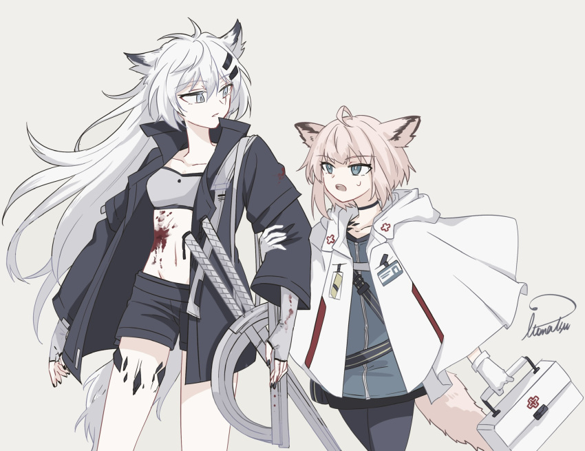 2girls animal_ears arknights black_nails blood blue_eyes first_aid_kit gloves grabbing_another's_arm grey_eyes highres itonatsu lappland_(arknights) long_hair multiple_girls oripathy_lesion_(arknights) short_hair simple_background sussurro_(arknights) tail white_background white_hair wolf_ears wolf_girl wolf_tail