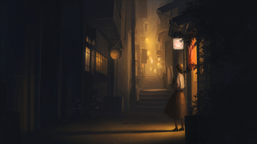 1girl alley bathhouse commentary_request highres night original outdoors plant pochi_(poti1990) potted_plant power_lines scenery shirt skirt solo stairs standing white_shirt wide_shot window