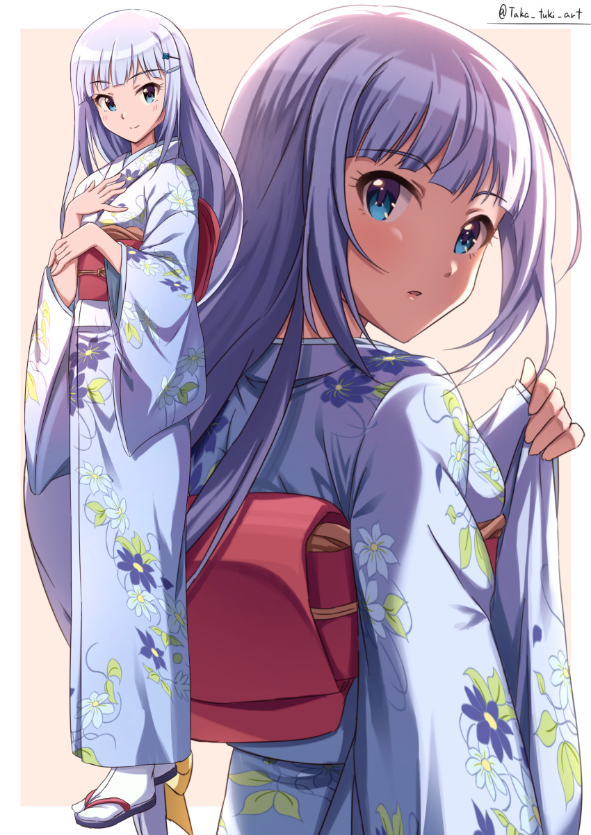 1girl absurdres blue_eyes blue_hair blue_kimono blush breasts closed_mouth floral_print full_body grid_background hair_ornament hairclip hand_on_own_chest hands_up highres idolmaster idolmaster_million_live! idolmaster_million_live!_theater_days japanese_clothes kimono long_hair long_sleeves looking_at_viewer looking_back medium_breasts multiple_views obi obiage obijime open_mouth print_kimono red_sash sash shiraishi_tsumugi smile solo tabi takatsuki_p twitter_username two-tone_background very_long_hair wide_sleeves zouri