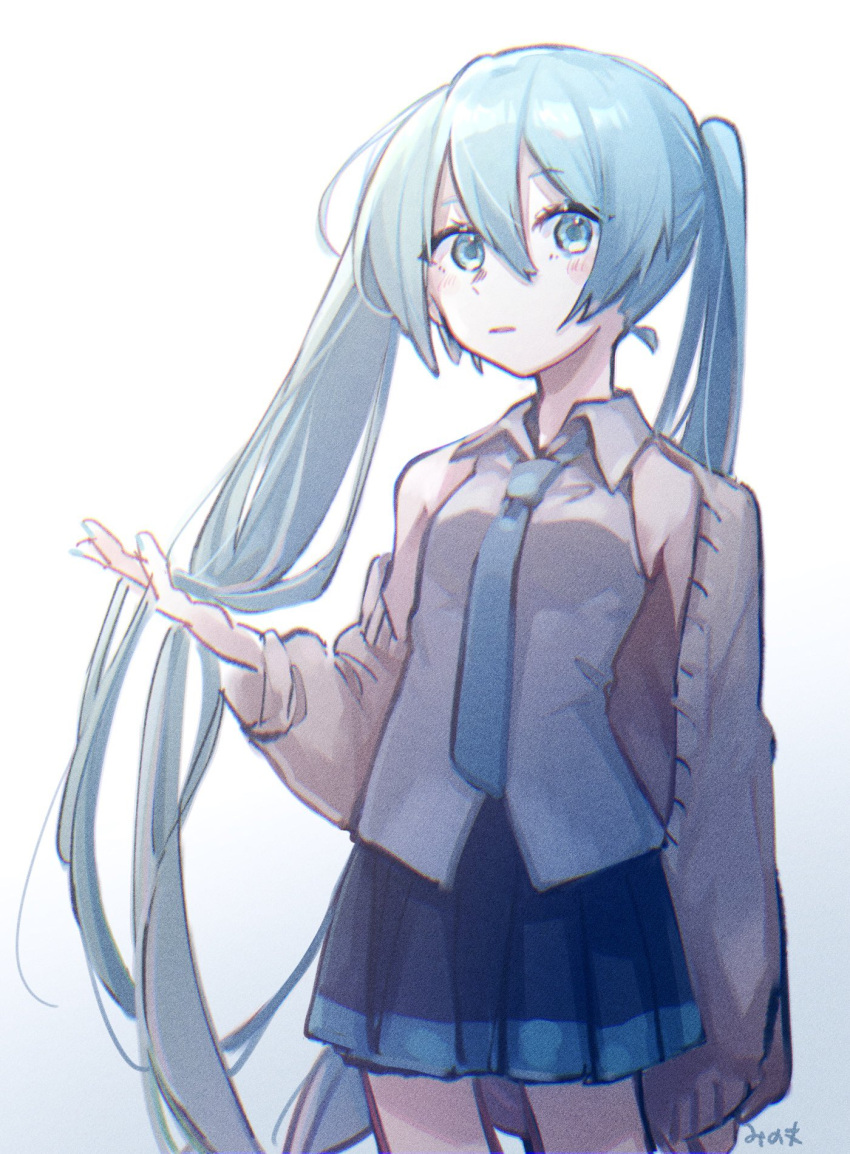 1girl aqua_eyes aqua_hair aqua_nails aqua_necktie artist_name bare_shoulders black_skirt brown_cardigan cardigan commentary cowboy_shot expressionless film_grain grey_shirt hatsune_miku highres holding holding_hair long_hair looking_at_viewer mi_no_take miniskirt necktie open_cardigan open_clothes parted_lips pleated_skirt shirt skirt sleeveless sleeveless_shirt solo standing twintails very_long_hair vocaloid white_background