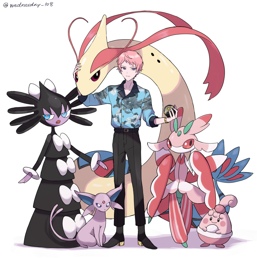 1boy absurdres black_pants blue_eyes bright_pupils character_request closed_mouth commentary_request crossover ensemble_stars! espeon full_body gothita happiny highres holding holding_poke_ball itsuki_shu long_hair milotic pants pink_hair poke_ball pokemon pokemon_(creature) short_bangs short_hair simple_background sleeves_past_elbows solo twitter_username very_long_hair violet_eyes watch watch wednesday_108 white_background white_pupils