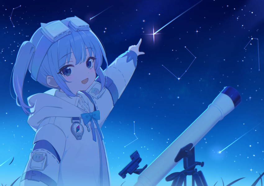 1girl blue_bow blue_bowtie blue_eyes blue_hair bow bowtie character_request commentary_request compass constellation dot_nose eyewear_on_head goggles goggles_on_head highres hood hood_down hoodie korean_commentary light_blue_hair looking_at_viewer meteor nam_(nam990902) night night_sky open_mouth outstretched_arm pointing pointing_up short_hair sidelocks sky solo sparkle star_(sky) stellive telescope two_side_up upper_body virtual_youtuber